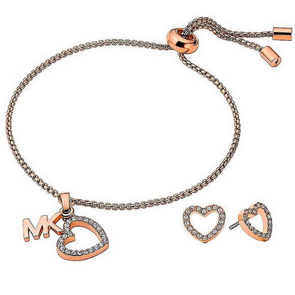 Michael Kors Rose Gold Crystal Heart Stud Earring & Logo Charm Bracelet Box Set. - Picture 2 of 16